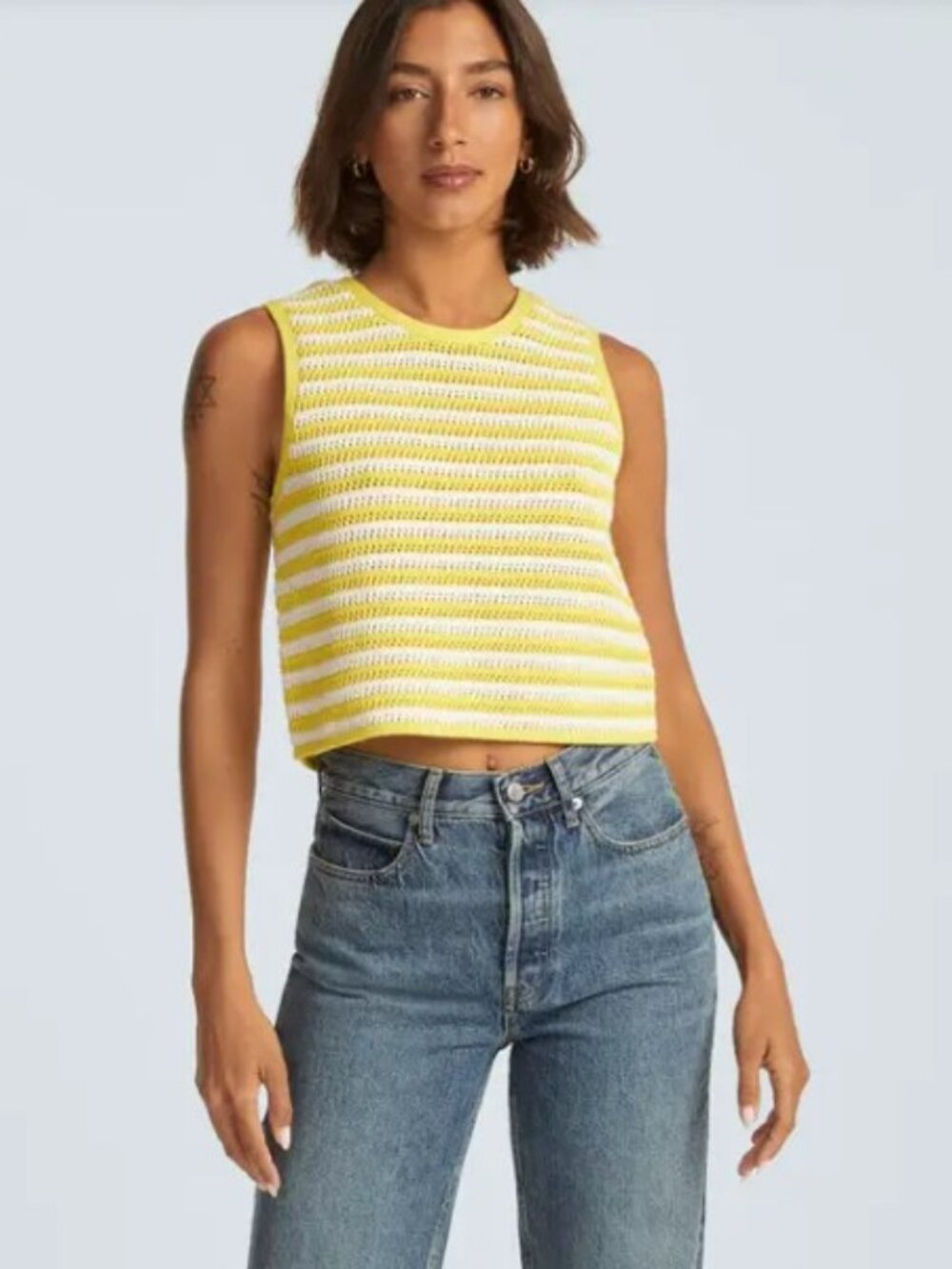 Everlane Organic Cotton Striped Crochet Knit Tank – Yellow & White – Size Large
